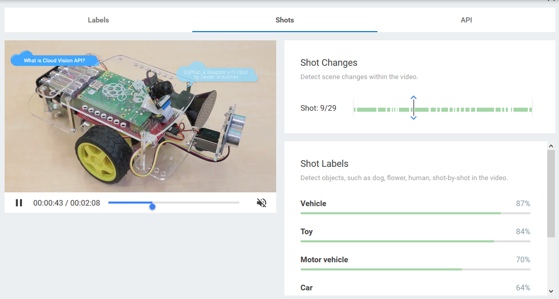 （Google Cloud Video Intelligence API DEMO ,识别出车辆，玩具等场景和比例）